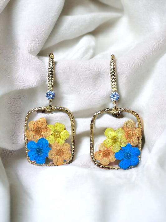 Orange, Yellow and Blue Plum Blossom Flower Earrings