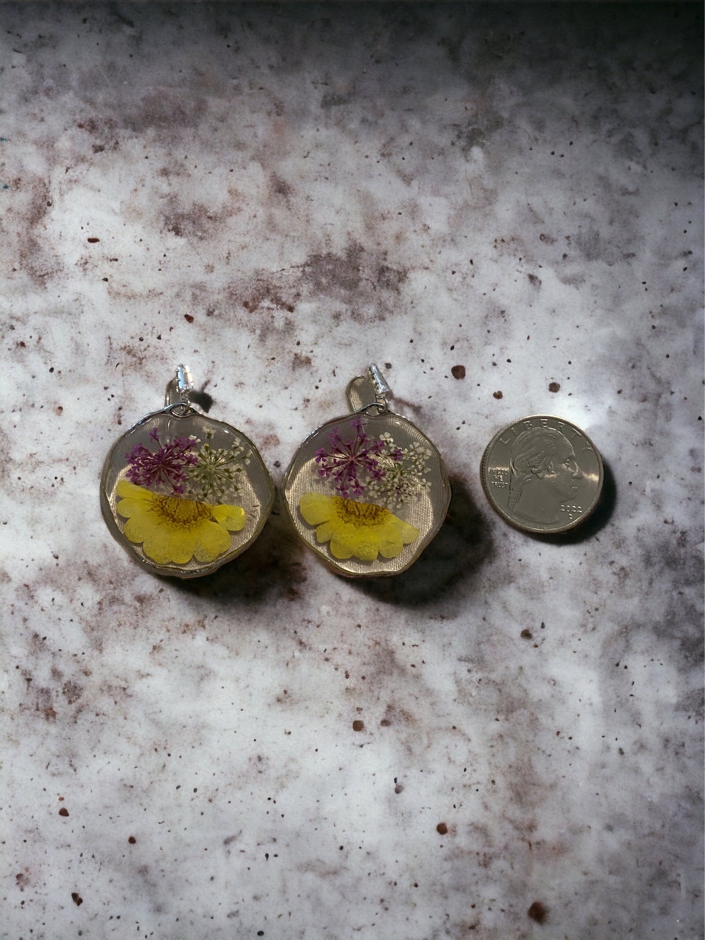 Yellow Daisy with Purple and White Queen Anne’s Lace Earrings