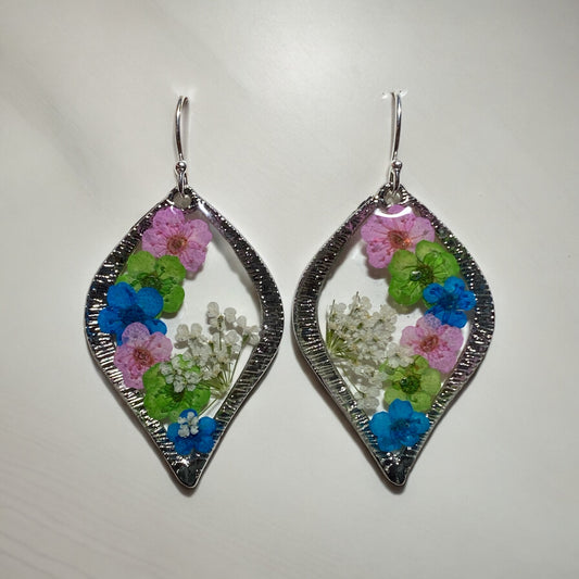 Light Pink, Green, and Blue Plum Blossom Flowers with Queen Anne’s Lace Earrings