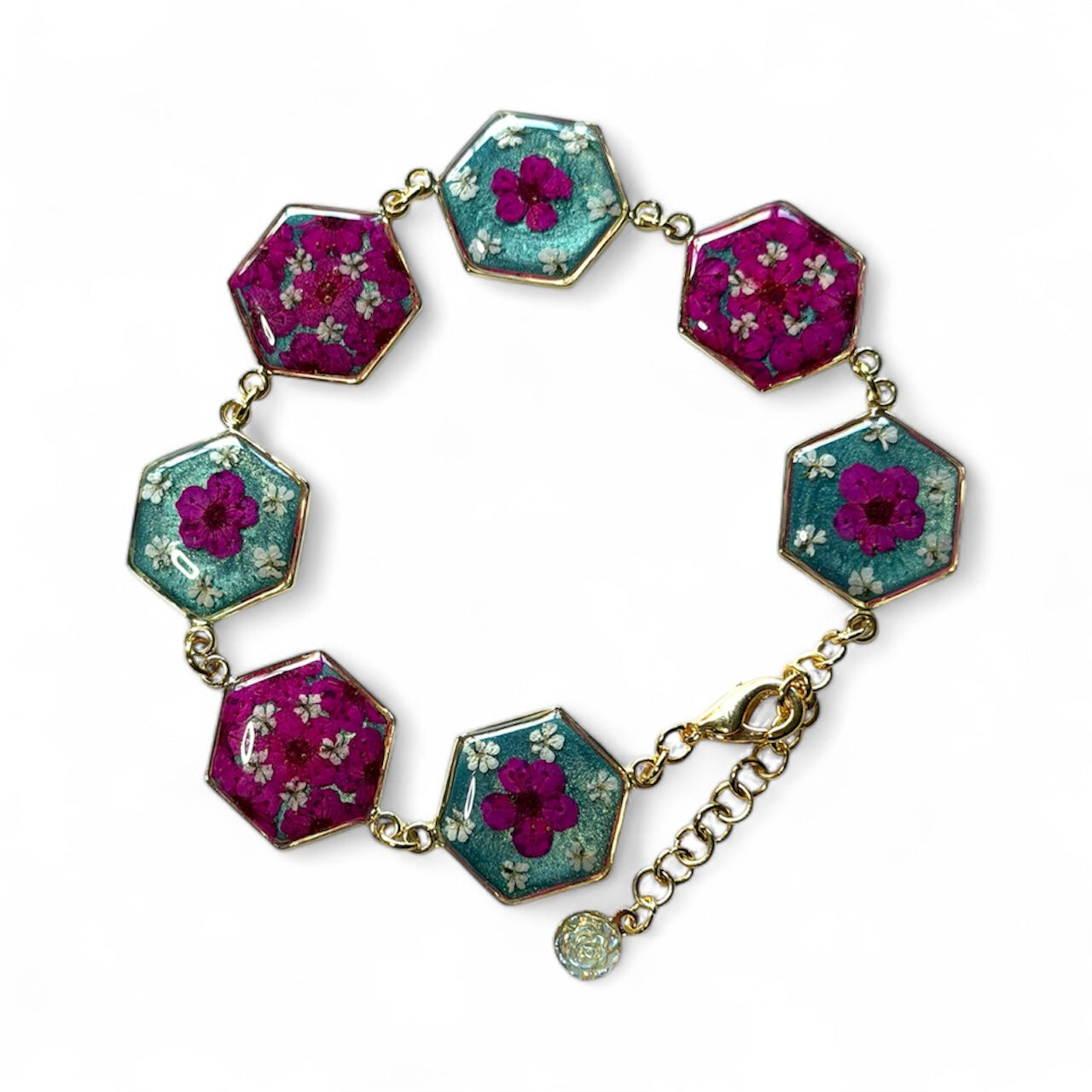 Gold Colored Bracelet with Hot Pink Plum Blossoms and pieces of Queen Anne’s Lace