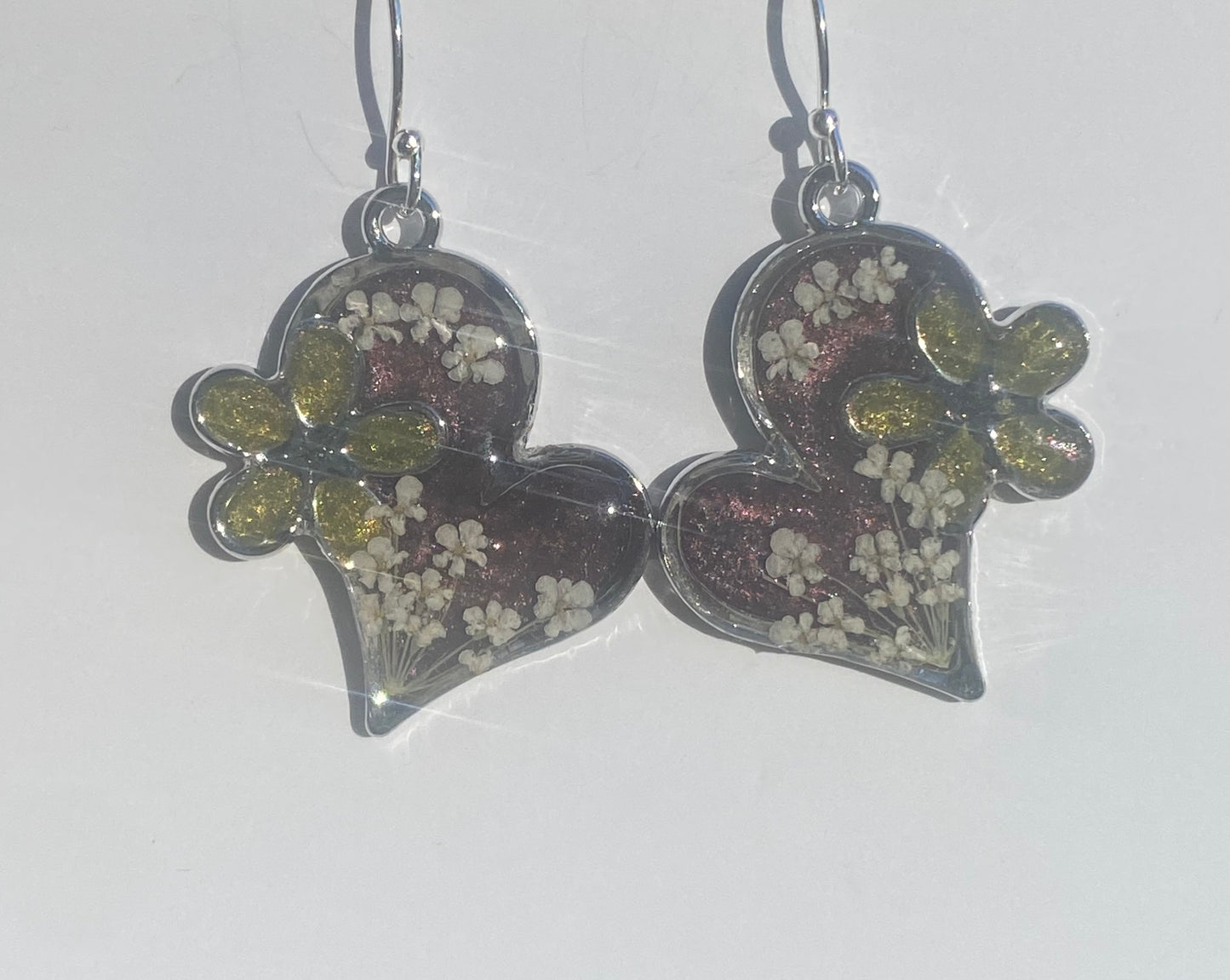 Dark Purple and Green Earrings with Queen Anne’s Lace