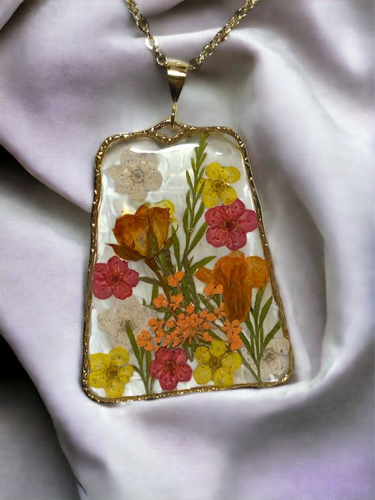 Yellow, White, and Red Plum Blossoms with Orange Rose, Dried Leaves and Orange Queen Anne’s Lace Necklace